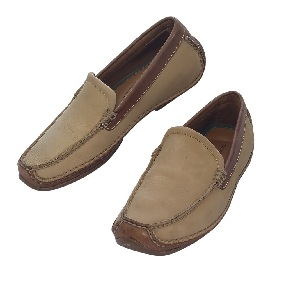 H S Trask & Co Driving Loafers Tan Leather Suede Vibram Sole USA Size 8.5 M EUC!